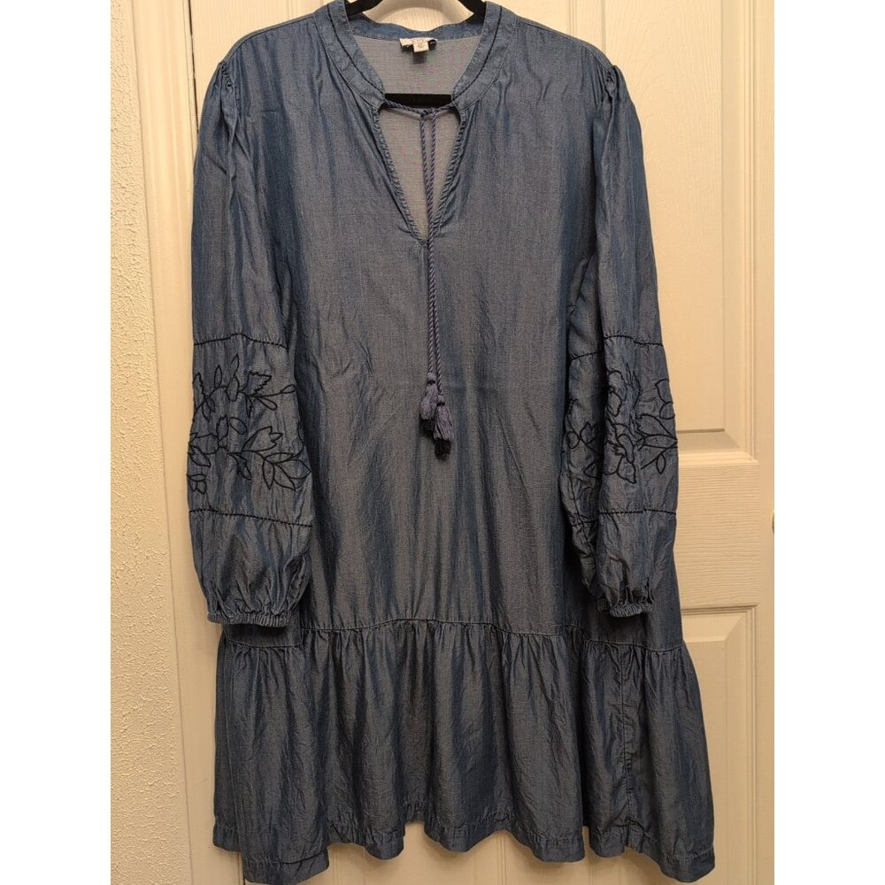 CROWN & IVY 3/4 SLEEVE  RUFFLE HEM CHAMBRAY PEASANT DRESS POCKETS PLUS SZ 2X